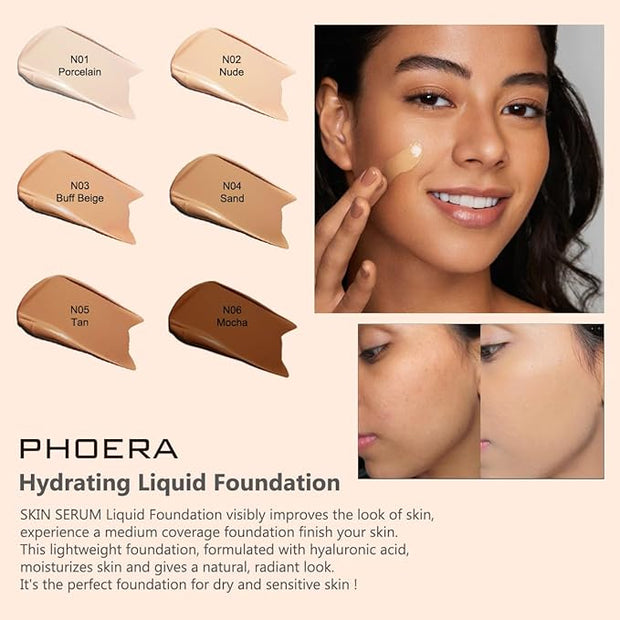 PHOERA Hydrating Serum Foundation,Flawless Full Coverage and Hypoallergenic Tan, norm)