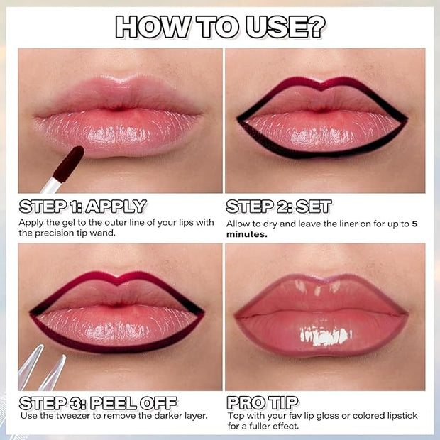 3PCS Peel Off Lip Liner Stain Set, Tattoo Lip Liner Peel Off Lip Stain with Tweezer, Long Lasting, Waterproof, Transfer-proof, Highly Pigmented Matte Finish Lip Tint Stain