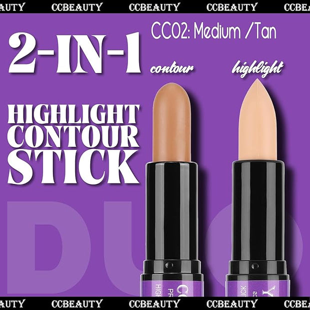 CCbeauty 2pcs 2-IN-1 Matte Contour Highlighter Stick with