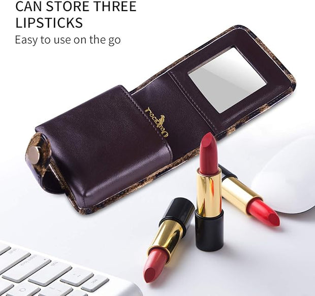 Cockatoo Leather Lipstick Case with Mirror Makeup Holder Portable Small Cosmetic Bag for Women More Colors