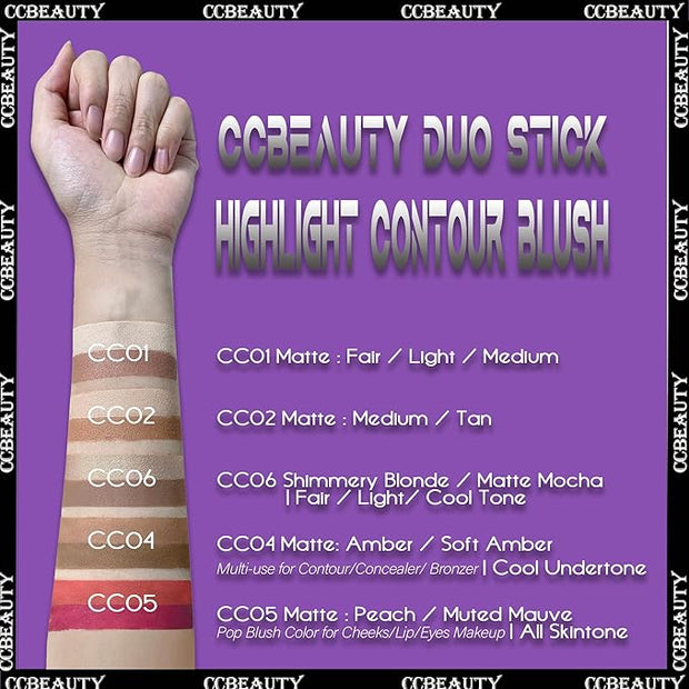 CCbeauty 2pcs 2-IN-1 Matte Contour Highlighter Stick with
