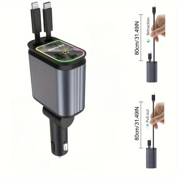 4-in-1 Retractable Car Charger with Starlight projector