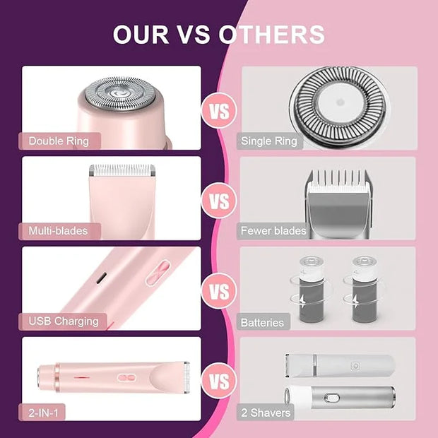 Glow Aura Womens Shaver 2 in 1, Electric Razor, Painless Hair Removal for Face,Body Waterproof Wet & Dry Use Body Hair Tri...
