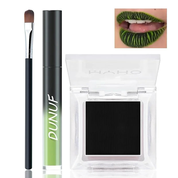 Green Matte Liquid Lipstick Set with Black Eyeshadow Powder, Halloween Goth Lip Gloss Waterproof Longlasting DIY Cute Uniq...