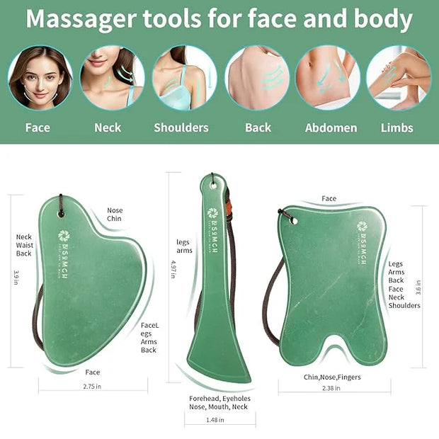 3PC Gua Sha Tools Set - Natural Nephrite Jade Facial & Body Stones, Hypoallergenic Skin Care Kit with Adjustable Cord & A ...