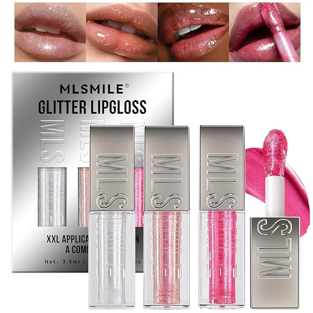 3 PCS Glitter Lip Gloss Set, Hydrating Nourishing Sparkling Plumping Lip Oil, Long Lasting Glossy Lip Balm Lip Care, Trans...