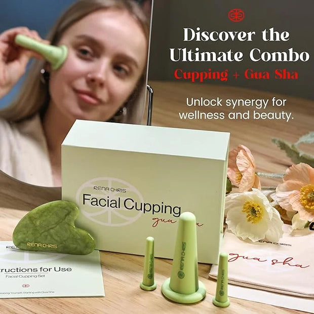 Rena Chris Facial Cupping Set & Gua Sha Facial Tool - Silicone Cupping Set & Jade Gua Sha Stone - Face Cupping Therapy Set...
