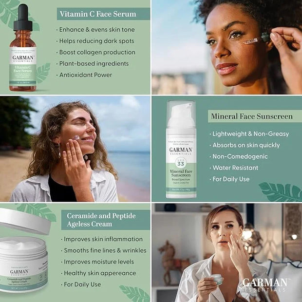 Mineral Sunscreen Lotion SPF 33 1.7 fl oz & Vitamin C Serum for Face, Hyaluronic Acid 1 Fl Oz & Ceramide and Peptide agele...