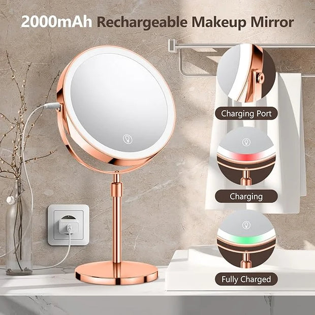 10X Large Lighted Makeup Mirror, Rechargeable 8" Height Adjustable Vanity Mirror, 1x/10x Magnifying Mirror with 3 Color, B...
