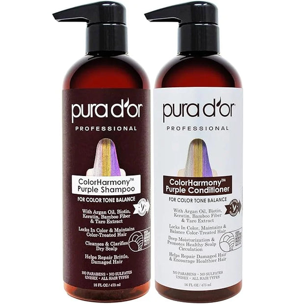 PURA D'OR Purple Shampoo & Conditioner (16oz x 2) ColorHarmony Biotin Set For Bleached, Blonde, Silver & Color Treated Hai...