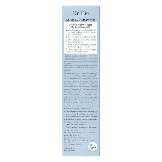 ECO Soothing Cream Mist (5.07oz/150ml), Face and Body Mist for Senstive Skin, Immediate Hydration and Soothing with Probio...