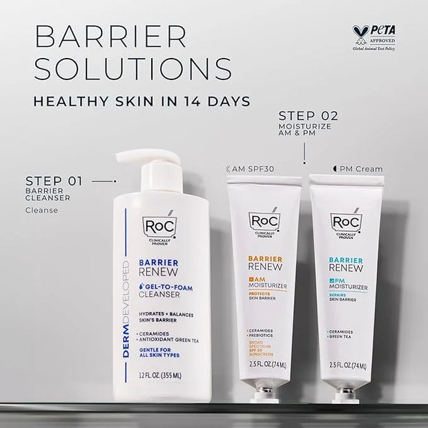 RoC Barrier Renew Night Moisturizer with Ceramides & Antioxidant Green Tea and Lipo Peptides to Renew Skin Barrier, (2.5 o...