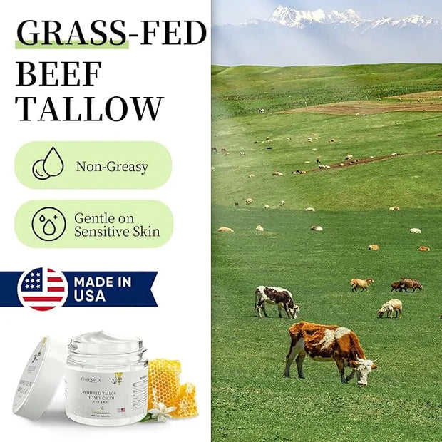 Grass-Fed Beef Tallow for Skin Made in USA, Absorbent, Soothing Tallow and Honey Balm, Smoother Beef Tallow for Face, Whip...