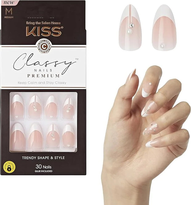 KISS Classy Nails Premium, Press-On Nails, Nail glue included, 'Highlights', French, Medium Size, Almond Shape, Includes 3...