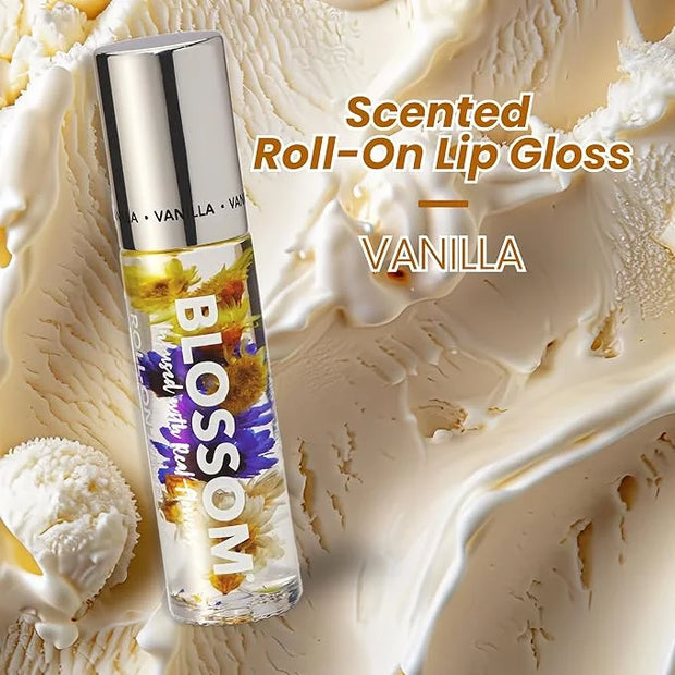 Blossom Roll on Lip Gloss, Scented Clear High Shine Moisturizing Lip Oil, Non Sticky, Infused with Real Flowers, Made in U...