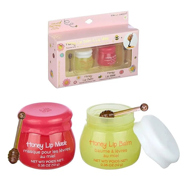 2pc Honey Lip Balm & Lip Mask Set -Simply Sweet Real Honey Jar w/Dipper Applicator Sticks | Safe and Non-Toxic Lip Gloss G...