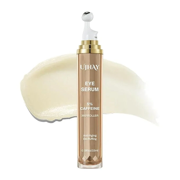 5% Caffeine Eye Cream, Under Eye Serum for Dark Circles, Puffiness & Wrinkles Fine Lines, Eye Roller Serum with 360° Massa...