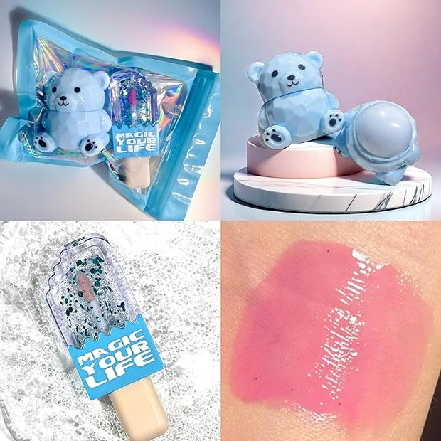Bear Moisturizing Lip Balm & Lip Gloss Set - Oil Infused, Long-Lasting Lipstick & Gloss for Smooth Lips hydrating lip glow...