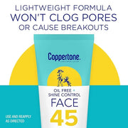 Coppertone Oil Free + Shine Control Sunscreen Face Lotion SPF 45, Lightweight Sunscreen for All Skin Tones, Won't Clog Por...