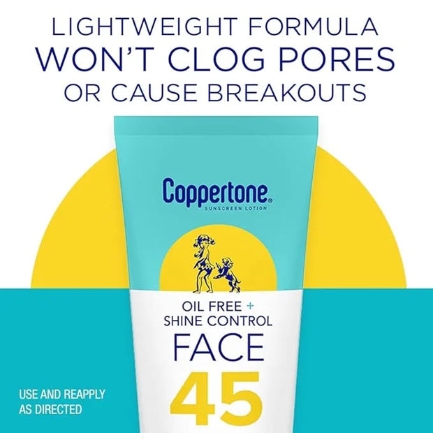 Coppertone Oil Free + Shine Control Sunscreen Face Lotion SPF 45, Lightweight Sunscreen for All Skin Tones, Won't Clog Por...