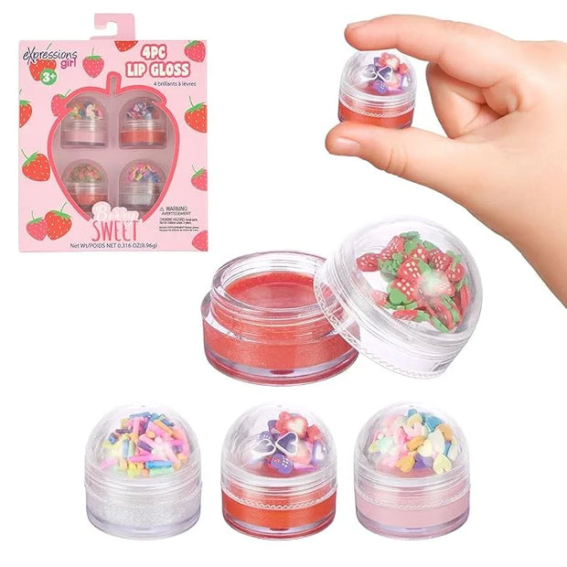 EXPRESSIONS 4pc Lip Gloss with Confetti Top – Berry Sweet Fruity Flavored Lip Gloss For Girls, Safe and Non-Toxic Confetti...