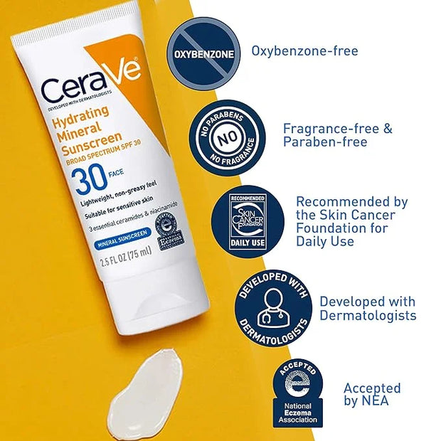 CeraVe 100% Mineral Sunscreen SPF 30 | Face sunscreen With Zinc Oxide & Titanium Dioxide | Hyaluronic Acid + Niacinamide +...