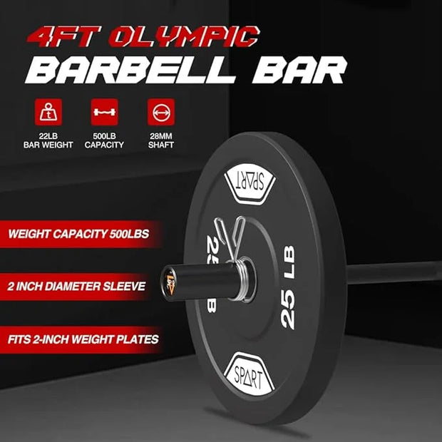 4FT Olympic Barbell Bar 47Inch Straight 2 Collars, 500Lbs Capacity 2 Inch - Product Image