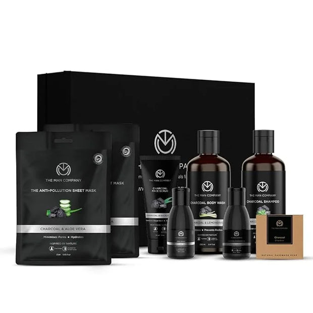 The Man Company Ultimate Charcoal Detan Kit with Elegant Gift Box | Charcoal Body wash, Shampoo, Face Scrub, Face wash, Ch...