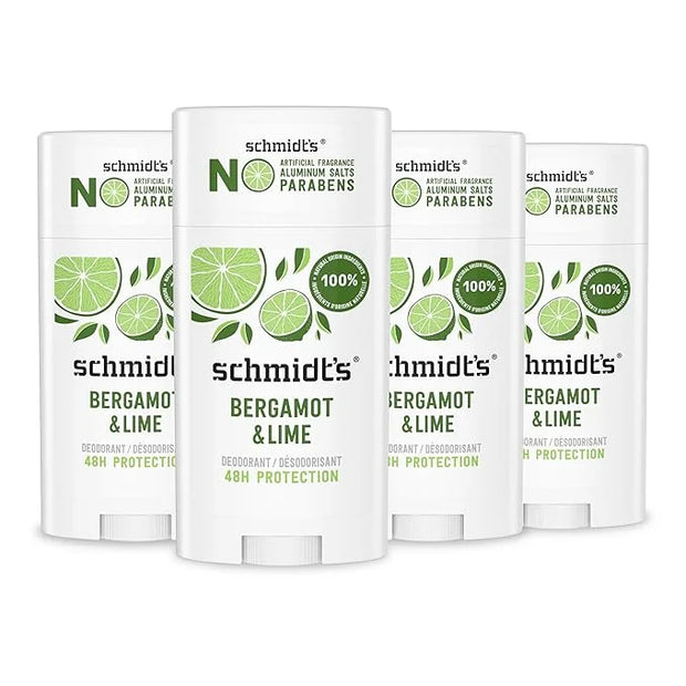 Schmidt's Aluminum-Free Vegan Deodorant Bergamot & Lime 4 Count for Women and Men, with 24 Hour Odor Protection, Natural I...