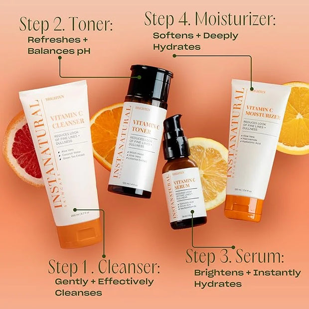 InstaNatural Vitamin C Four Step Skin Care Set, Skincare Routine, Brightens, Hydrates, Prevents Signs of Aging, Face Wash,...