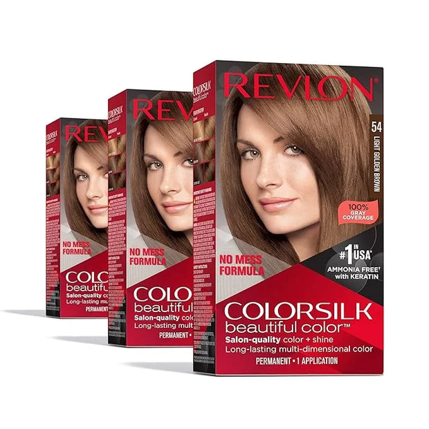 Revlon Colorsilk Beautiful Color Permanent Hair Color, (OLD VERSION) 54 Light Golden Brown (Pack of 3) - Product Image