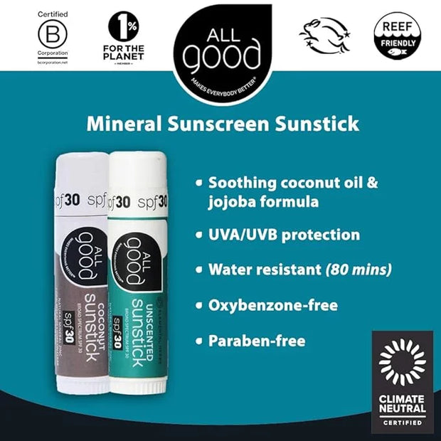 All Good Sunstick - Face Sunscreen, Water Resistant, UVA/UVB Broad Spectrum SPF 30+, Coral Reef Friendly - Beeswax, Zinc, ...