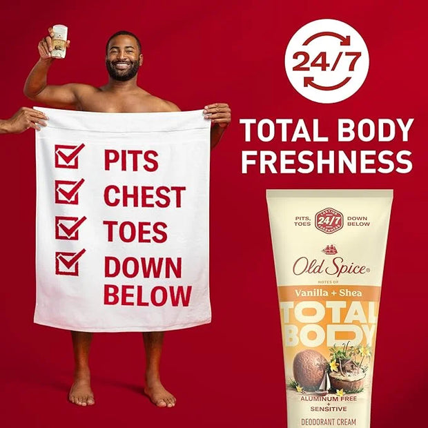Old Spice Whole Body Deodorant for Men, Total Body Deodorant, Vanilla + Shea, Aluminum Free Deodorant Cream for 24/7 Fresh...