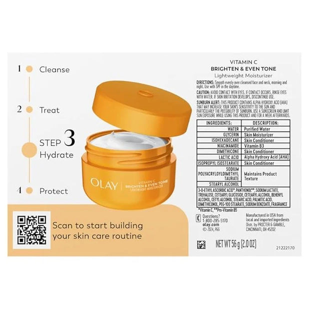 Olay Bright & Even Vitamin C with Lactic Acid Face Moisturizer, 2 oz Lightweight Brightening Face Cream for Uneven Skin To...