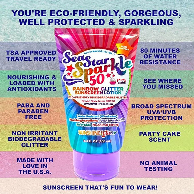 Seastar Sparkle - Rainbow Party Cake Scented Glitter Sunscreen - SPF 50 - Biodegradable Sunscreen, Kids, Water Resistant, ...