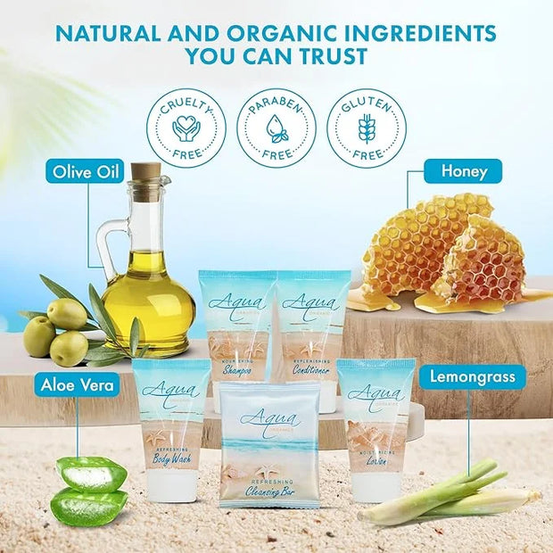 Aqua Organics Amenity & Accessory Kit | 1 oz Shampoo, Conditioner, Lotion, Body Wash, Body Bar, Cleansing Bar, Shave & Den...