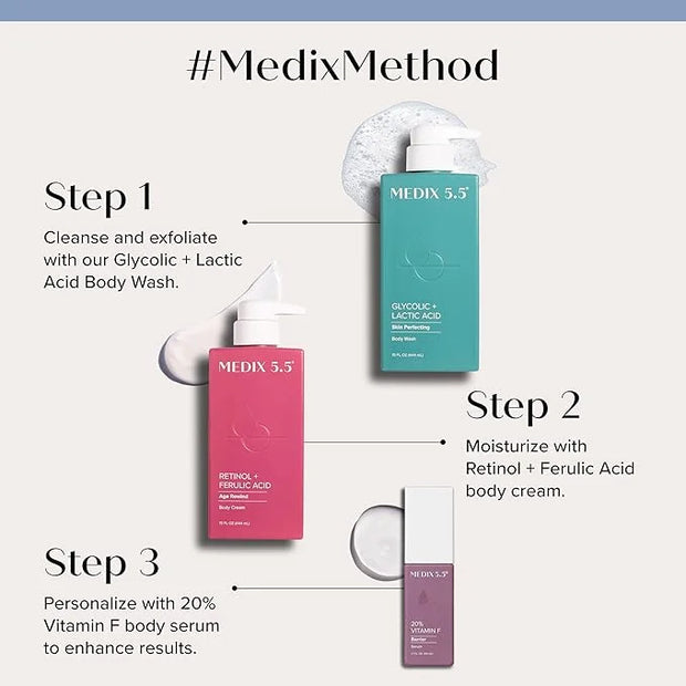 Medix 5.5 Anti Aging Skin Care 3PC Set, Retinol Body Cream + Exfoliating AHA Glycolic Acid Foaming Face & Body Wash + Vita...