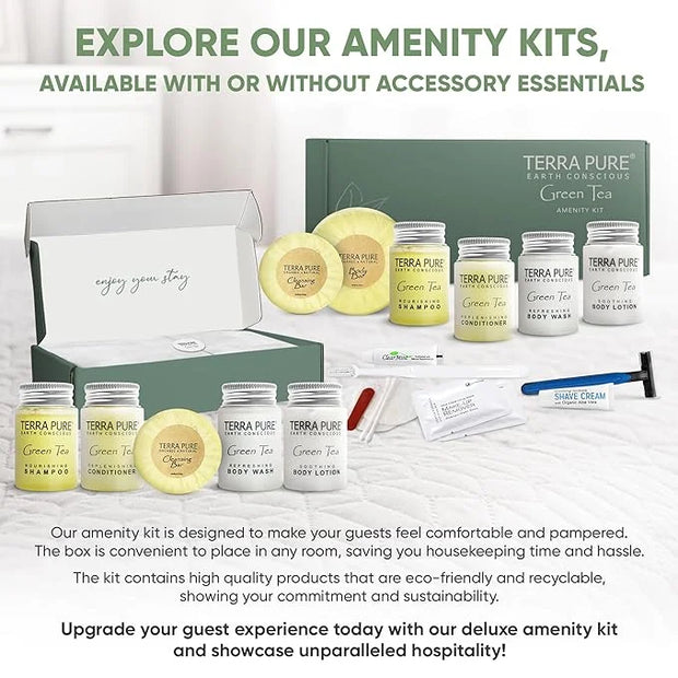 Terra Pure Green Tea Amenity & Accessory Kit | 1 oz Travel Size Shampoo, Conditioner, Lotion, Body Wash, 2 Soap Bars, Shav...