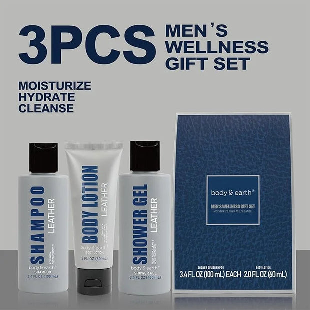 Bath and Body Gift Set for Men Self Care Kit with Leather Scent Shower Gel, Body Lotion, Shampoo, Self care gifts for Men,...