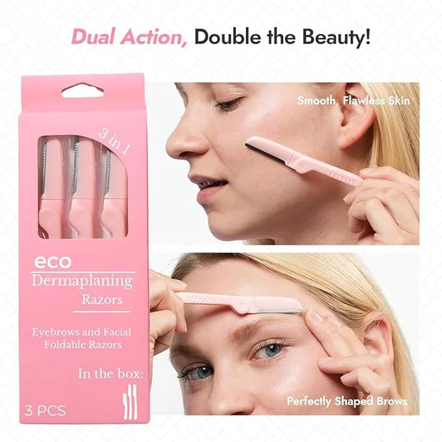 Dermaplaning Tool - Foldable Facial Razor for Women and Men, (3ct) | Womens Facial Peach Fuzz Remover & Eyebrow Trimmer, D...