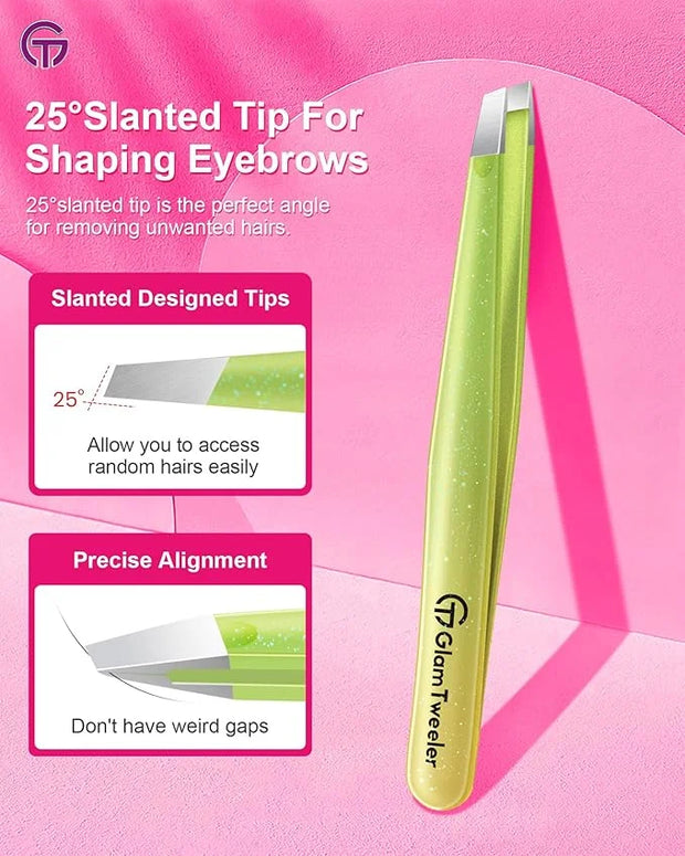 Expert Eyebrow Hair Removal Tweezer with Leather Case, GlamTweeler High Precision Slant Tip Stainless Steel Tweezers for M...