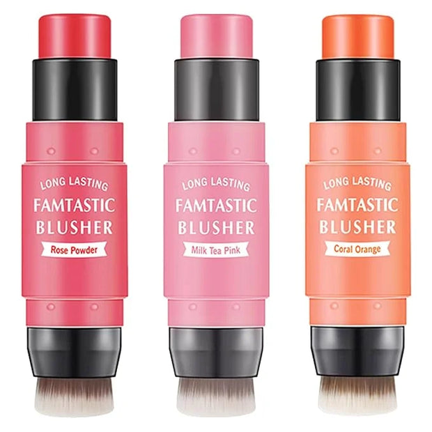 3 Pcs Cream Blush Stick with Brush,Waterproof Multi Cream Makeup Stick,Lightweight,Long-lasting,2 in 1 Multi Blush for Che...