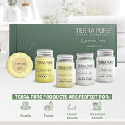 Terra Pure Green Tea Amenity Kit | Boxed Hotel Bulk Toiletries | 1 oz Shampoo, Conditioner, Lotion, Body Wash, Body Bar So...