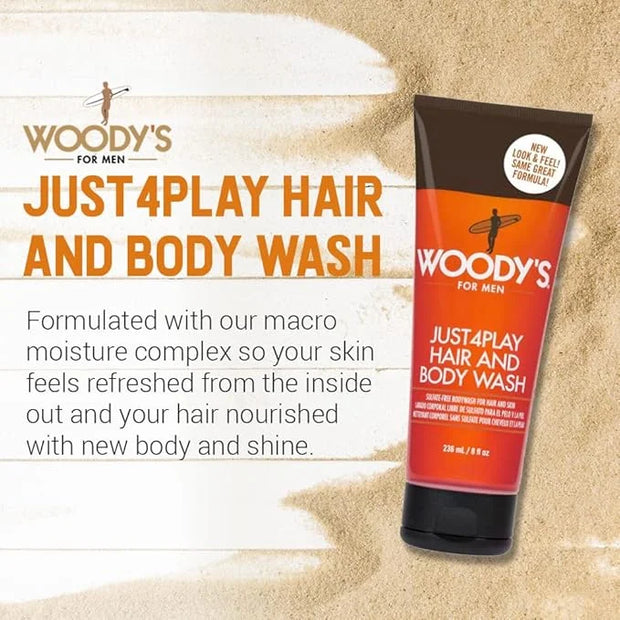 Woody's Just4Play Hair and Body Wash for Men - Sulfate-Free, Deep Cleansing, Hydrating, Fresh Scent, All-in-One Shower Gel...