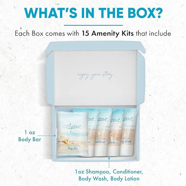 1-Shoppe Aqua Organics Amenity Kit | Boxed Hotel Toiletries Bulk Set | 1 oz Shampoo, Conditioner, Lotion, Body Wash & Bar ...