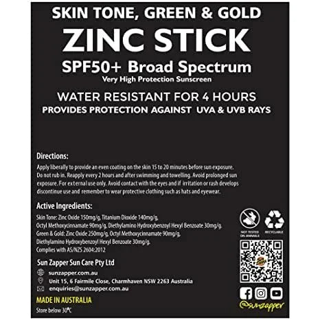 Sun Zapper Zinc Oxide Sunscreen - Skin Tone, Green & Gold - SPF 50+ Very High Sun Protection Waterproof Sunblock for Face ...