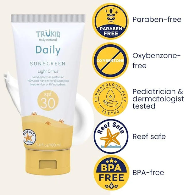 TruKid Daily SPF30 Face Sunscreen Citrus 3.4oz Baby Sunscreen, Natural Ingredients Kids Sunscreen, Reef-Friendly Travel Si...