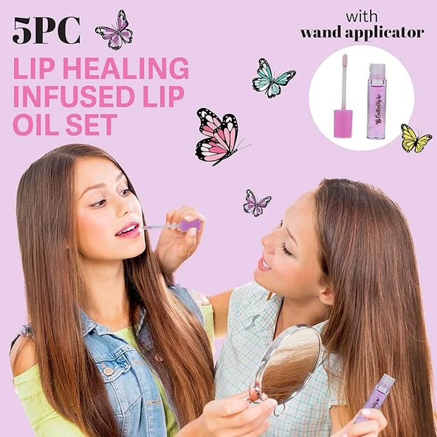 5pc Lip Oil Set - Butterfly Kisses Lip Oils, Lip Healing Lip Oil Collection with Precision Applicator Wand for Everyday Li...