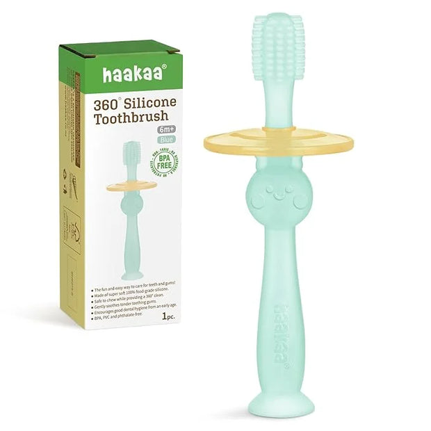 haakaa 360° Baby Toothbrush with Suction Base - Gentle Cleaning for Toddler's Self-Brushing Training, Food-Grade Silicone,...