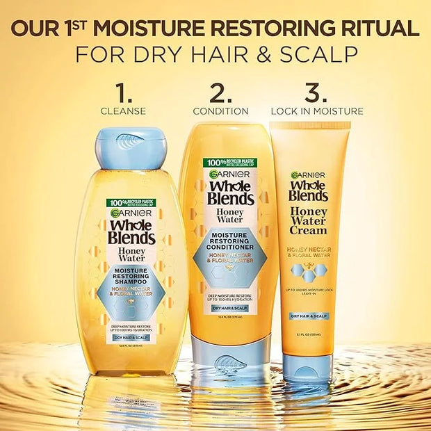 Garnier Whole Blends Honey Water Moisture Restoring Shampoo, Hair Care for Dry Hair and Dry Scalp with Honey Nectar and Fl...